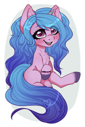 Size: 1524x2286 | Tagged: safe, artist:happyrated, izzy moonbow, pony, unicorn, g5, abstract background, blushing, bracelet, cheek fluff, chest fluff, ear fluff, female, heart eyes, jewelry, mare, open mouth, raised hoof, sitting, solo, unshorn fetlocks, wingding eyes