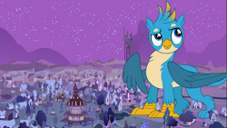 Size: 1920x1080 | Tagged: safe, artist:dashiesparkle edit, artist:foxy-noxy, edit, editor:jaredking779, vector edit, gallus, griffon, g4, giant griffon, gigallus, macro, male, mega giant, night, ponyville, story included, vector