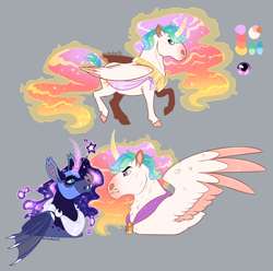 Size: 1500x1486 | Tagged: safe, artist:owlcoholik, nightmare moon, princess celestia, pony, g4, alternate design, hoers, magic, two toned wings, wings