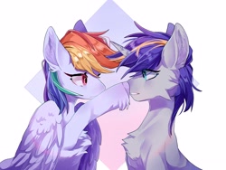 Size: 4000x3000 | Tagged: safe, artist:memorycity2, rainbow dash, oc, oc:dopami korpela, pegasus, pony, unicorn, g4, boop, canon x oc, dopadash, duo, female, horn, looking at each other, male, mare, shipping, stallion, straight, unicorn oc