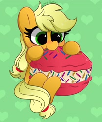 Size: 3428x4096 | Tagged: safe, artist:kittyrosie, part of a set, applejack, earth pony, pony, g4, blushing, chibi, cute, eating, food, green background, hatless, heart, herbivore, jackabetes, macaron, missing accessory, part of a series, remake, simple background, sitting, solo, sweet dreams fuel