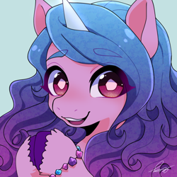 Size: 640x640 | Tagged: safe, artist:bbtasu, izzy moonbow, pegasus, pony, g5, bracelet, colored hooves, colored horn, eyebrows, eyebrows visible through hair, female, green background, horn, jewelry, looking at you, mare, simple background, smiling, solo, thick eyebrows, unshorn fetlocks