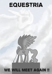 Size: 2480x3508 | Tagged: safe, artist:tofuslied-, princess celestia, alicorn, pony, equestria at war mod, g4, debunked, headless, high res, implied changeling, propaganda, statue, tether