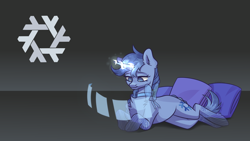 Size: 3840x2160 | Tagged: safe, artist:chibadeer, oc, oc only, oc:nixos, pony, unicorn, dark background, female, high res, linux, lying down, magic, magic aura, ponified, simple background, solo, tail, wallpaper