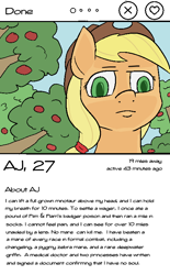 Size: 480x774 | Tagged: safe, artist:happy harvey, applejack, earth pony, pony, g4, apple, apple tree, derp, female, frown, looking at you, mare, meme, phone drawing, ponified meme, profile, profile picture, solo, text, tinder, tree