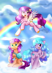 Size: 905x1274 | Tagged: safe, artist:starflashing twinkle, izzy moonbow, pipp petals, sunny starscout, earth pony, pegasus, pony, unicorn, g5, adorapipp, badge, bag, bracelet, braid, chest fluff, cloud, cropped, cute, cutie mark, female, flying, izzybetes, jewelry, jewels, looking at you, lowres, mare, medal, one eye closed, open mouth, rainbow, raised hoof, signature, sitting, sky, smiling, spread wings, spreading, sunlight, sunnybetes, tongue out, trio, unshorn fetlocks, wings, wink