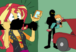 Size: 1444x995 | Tagged: safe, artist:bugssonicx, megan williams, megan williams (g4), sunset shimmer, human, equestria girls, g4, arm behind back, bondage, bound and gagged, cellphone, eyes closed, female, gag, kidnapped, phone, restrained, silhouette, smartphone, tape, tape gag, tied up, trunk, wide eyes