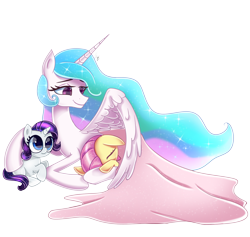 Size: 7500x7100 | Tagged: safe, artist:opal_radiance, fluttershy, princess celestia, rarity, alicorn, pegasus, pony, unicorn, g4, absurd resolution, comforting, cute, cutelestia, eyes closed, female, filly, filly fluttershy, filly rarity, hug, mare, momlestia, raribetes, shyabetes, simple background, transparent background, winghug, wings, younger