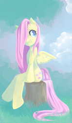 Size: 474x800 | Tagged: safe, artist:whimsical-vanilla, fluttershy, pegasus, semi-anthro, g4, arm hooves, hair over one eye, sitting, solo, tree stump