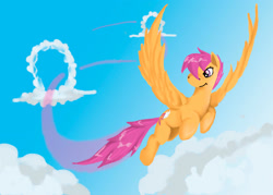 Size: 2898x2070 | Tagged: safe, artist:drizzthunter, scootaloo, pegasus, pony, g4, alternate cutie mark, cloud, flying, high res, older, older scootaloo, scootaloo can fly, solo