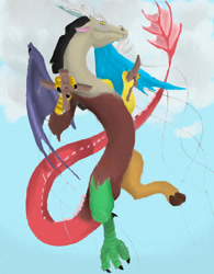 Size: 750x960 | Tagged: safe, artist:drizzthunter, discord, draconequus, g4, marionette, puppet strings, sky background, solo