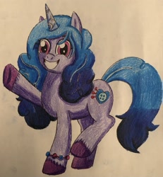 Size: 2681x2905 | Tagged: safe, artist:bozzerkazooers, izzy moonbow, pony, unicorn, g5, bracelet, female, grin, high res, jewelry, mare, smiling, solo, teeth, traditional art, unshorn fetlocks