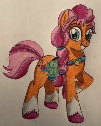 Size: 2371x2942 | Tagged: safe, artist:bozzerkazooers, sunny starscout, earth pony, pony, g5, badge, bag, braid, female, grin, high res, looking at you, mare, raised hoof, smiling, sunny's bag, teeth, traditional art, unshorn fetlocks