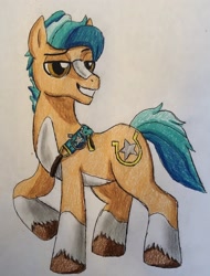 Size: 2200x2896 | Tagged: safe, artist:bozzerkazooers, hitch trailblazer, earth pony, pony, g5, grin, high res, male, raised hoof, smiling, solo, stallion, teeth, traditional art, unshorn fetlocks