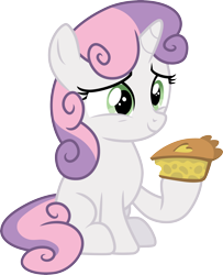 Size: 3000x3687 | Tagged: safe, artist:cloudy glow, sweetie belle, pony, unicorn, g4, .ai available, cute, diasweetes, female, filly, food, high res, hoof hold, pie, simple background, sitting, smiling, solo, transparent background, vector
