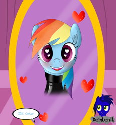 Size: 3840x4154 | Tagged: safe, alternate version, artist:damlanil, rainbow dash, pegasus, pony, g4, 20% cooler, blushing, carousel boutique, catsuit, clothes, comic, cute, dashabetes, female, happy, heart, heart eyes, latex, latex suit, looking at you, mare, mirror, open mouth, rubber, shine, shiny, simple background, smiling, spy, suit, text, vector, wingding eyes, wings