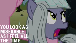 Size: 1920x1080 | Tagged: safe, edit, edited screencap, editor:quoterific, screencap, limestone pie, pinkie pie, earth pony, pony, g4, the maud couple, angry, crying, duo, female, hug, limestone pie is not amused, mare, open mouth, pie sisters, siblings, sisters, sitting, unamused