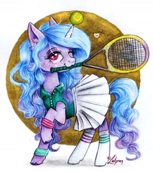 Size: 1569x1756 | Tagged: safe, artist:lailyren, izzy moonbow, pony, unicorn, g5, ball, clothes, cute, female, horn, horn guard, horn impalement, hornball, izzy's tennis ball, izzybetes, looking at you, mare, mouth hold, one eye closed, raised hoof, signature, skirt, socks, solo, tennis ball, tennis racket, traditional art, wink, wristband