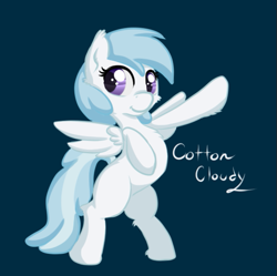 Size: 535x533 | Tagged: safe, artist:alazak, cotton cloudy, pegasus, pony, g4, bipedal, blue background, chest fluff, ear fluff, female, filly, hoof fluff, hooves, hooves up, raised hoof, signature, simple background, smiling, solo, underhoof