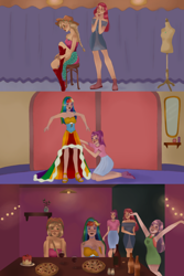 Size: 1028x1540 | Tagged: safe, artist:laianeart, apple bloom, applejack, rainbow dash, scootaloo, sweetie belle, human, g4, alcohol, alternate hairstyle, applejack also dresses in style, applejack's hat, armpits, beer bottle, boots, bottle, cake, clothes, commission, cowboy boots, cowboy hat, cutie mark crusaders, date, dinner, dress, eyeshadow, feet, female, food, glass, hat, humanized, jewelry, lesbian, lipstick, makeup, mannequin, mirror, necklace, older, older apple bloom, older cmc, older scootaloo, older sweetie belle, pizza, rainbow dash always dresses in style, sandals, ship:appledash, shipping, shirt, shoes, siblings, sisters, skirt, t-shirt, wine, wine bottle, wine glass