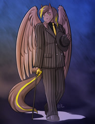 Size: 773x1000 | Tagged: safe, artist:kadath, oc, oc only, oc:zeus, pegasus, anthro, cane, clothes, commission, digital art, eyebrows, eyebrows visible through hair, fedora, hat, looking at you, male, necktie, pants, shoes, signature, simple background, smiling, smirk, solo, suit, tail, wings