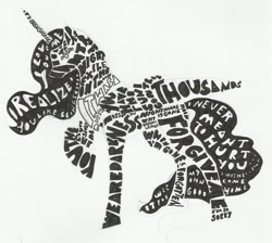Size: 1302x1169 | Tagged: safe, artist:iceofwaterflock, princess luna, alicorn, pony, g4, black and white, grayscale, monochrome, solo, traditional art, typography, word art, word cloud