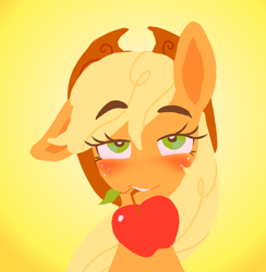 Size: 2776x2840 | Tagged: safe, artist:littmosa, applejack, earth pony, pony, apple, bedroom eyes, blushing, bust, female, food, looking up, mare, one ear down, portrait, simple background, solo, yellow background