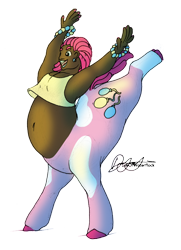 Size: 1700x2342 | Tagged: safe, artist:iceofwaterflock, pinkie pie, centaur, human, taur, g4, arms in the air, belly button, bracelet, bucking, centaurified, chubby, clothes, dark skin, dreadlocks, ear piercing, earring, exposed belly, fat, headcanon, humanized, jewelry, op is a duck, op is trying to start shit, piercing, pudgy pie, simple background, smiling, solo, species swap, standing on two hooves, tank top, transparent background