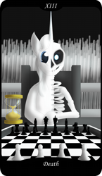 Size: 1500x2591 | Tagged: safe, artist:sixes&sevens, part of a set, oc, oc only, oc:prince omega, skeleton pony, binky (discworld), bone, chess, chess piece, chessboard, death, discworld, fence, food, grim reaper, hourglass, major arcana, skeleton, tarot card, wheat