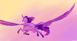 Size: 1198x639 | Tagged: safe, artist:iceofwaterflock, twilight sparkle, alicorn, pony, g4, curved horn, flying, horn, solo, twilight sparkle (alicorn)