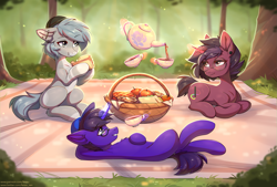 Size: 2921x1978 | Tagged: safe, artist:fensu-san, oc, oc only, earth pony, pony, unicorn, apple, basket, cup, eating, eyebrows, eyebrows visible through hair, food, forest, glasses, glowing, glowing horn, horn, levitation, lying down, magic, magic aura, nature, on back, outdoors, picnic, pie, prone, sandwich, sitting, teacup, teapot, telekinesis, tree, trio