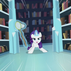 Size: 1080x1080 | Tagged: safe, screencap, rarity, pony, unicorn, g4, the crystalling, bookshelf, cropped, female, looking at you, mare, net, solo