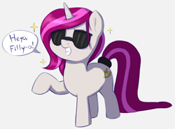 Size: 2688x1984 | Tagged: safe, artist:heretichesh, oc, oc only, oc:zew, pony, unicorn, cool, dialogue, female, filly, glasses, grin, smiling, solo, sunglasses, tail wrap, text