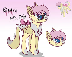Size: 2132x1668 | Tagged: safe, artist:caramelbolt24, oc, oc only, oc:banana smoothie, cat, cat pony, hybrid, original species, pegasus, pony, bow, bust, cat tail, chest fluff, ear fluff, ear piercing, earring, female, glasses, gradient background, jewelry, leg fluff, mare, pegasus oc, piercing, pink hair, signature, smiling, tail, tail bow, two toned wings, whiskers, wings