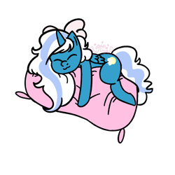 Size: 1000x1000 | Tagged: safe, artist:glittiewings, oc, oc:fleurbelle, alicorn, pony, alicorn oc, bow, female, hair bow, horn, hug, mare, pillow, pillow hug, simple background, sleeping, transparent background, wings