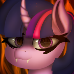 Size: 3542x3542 | Tagged: safe, artist:nacl69, twilight sparkle, pony, unicorn, g4, eye reflection, fangs, female, fire, high res, reflection, solo