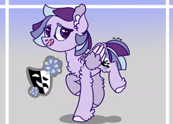 Size: 2278x1637 | Tagged: safe, artist:caramelbolt24, oc, oc only, pegasus, pony, abstract background, ear fluff, hoof fluff, magical lesbian spawn, offspring, open mouth, parent:rarity, parent:twilight sparkle, parents:rarilight, pegasus oc, raised hoof, reference sheet, signature, smiling, solo, theater masks, two toned wings, wings