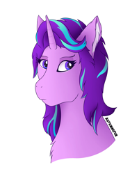 Size: 2966x3716 | Tagged: safe, artist:autumnsfur, starlight glimmer, pony, unicorn, g4, bust, chest fluff, ear fluff, female, high res, looking away, mare, portrait, simple background, solo, text, white background