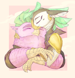 Size: 2850x2955 | Tagged: safe, artist:iceofwaterflock, captain celaeno, lix spittle, bird, parrot, parrot pirates, g4, my little pony: the movie, celspittle, cuddling, ear piercing, earring, eyes closed, female, high res, jewelry, lesbian, piercing, pirate, shipping