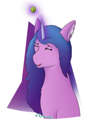 Size: 1552x1936 | Tagged: safe, artist:autumnsfur, izzy moonbow, pony, unicorn, g5, bust, chest fluff, ear fluff, eyes closed, female, glowing horn, horn, izzy's tennis ball, magic, mare, open mouth, portrait, signature, solo, telekinesis, tennis ball