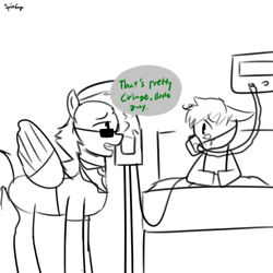 Size: 1300x1300 | Tagged: safe, artist:spitfag, spitfire, pegasus, pony, g4, bed, clothes, crying, female, foal, hospital, hospital bed, intravenous, iv drip, lineart, mare, out of touch, oxygen mask, reversed gender roles equestria general, speech bubble, story in the source, sunglasses, terminal illness, uniform, wonderbolts dress uniform