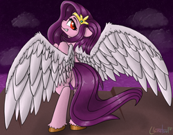 Size: 2340x1827 | Tagged: safe, artist:llametsul, pipp petals, pegasus, pony, g5, adorapipp, bipedal, cute, female, grin, looking at you, looking back, looking back at you, mare, red eyes, red-eyed pipp, signature, smiling, smirk, solo, spread wings, unshorn fetlocks, wings