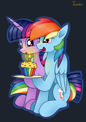 Size: 2480x3507 | Tagged: safe, artist:twidasher, rainbow dash, twilight sparkle, pegasus, pony, unicorn, g4, candle, duo, feather, female, food, high res, lesbian, muffin, open mouth, ship:twidash, shipping, signature, unicorn twilight