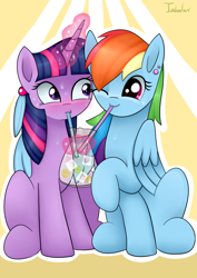 Size: 2480x3507 | Tagged: safe, artist:twidasher, rainbow dash, twilight sparkle, pegasus, pony, unicorn, g4, blushing, drink, drinking, duo, feather, female, high res, hug, lesbian, looking at each other, magic, sharing a drink, ship:twidash, shipping, signature, sweat, unicorn twilight, winghug, wings