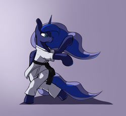 Size: 1280x1174 | Tagged: safe, artist:aquaticvibes, princess luna, alicorn, pony, g4, action pose, bipedal, black belt, clothes, ethereal mane, female, gi, glare, karate, mare, martial arts, solo, starry mane, starry tail