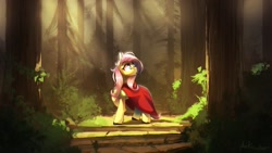 Size: 2560x1440 | Tagged: safe, artist:anticular, fluttershy, pegasus, pony, g4, crepuscular rays, female, forest, little red riding hood, mare, open mouth, path, scenery, solo, tree
