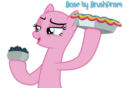 Size: 645x458 | Tagged: safe, artist:brushprism, earth pony, pony, g4, secrets and pies, bald, base, blueberry, female, food, fruit, holding, holding hooves, mare, open mouth, pie, rainbow pie, simple background, transparent background