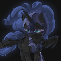 Size: 1181x1191 | Tagged: safe, artist:porcelaineyepie, artist:porcelanowyokular, nightmare moon, alicorn, pony, g4, black background, colored eyelashes, fangs, female, mare, simple background, solo, spread wings, wings