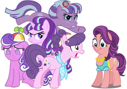 Size: 1100x770 | Tagged: safe, artist:themasterofdespair, nurse sweetheart, screwball, spoiled rich, starlight glimmer, suri polomare, earth pony, pony, unicorn, crusaders of the lost mark, g4, comic, equal cutie mark, female, floppy ears, mare, pink and violet, pink pony, s5 starlight, simple background, transparent background