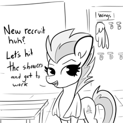 Size: 3000x3000 | Tagged: safe, artist:tjpones, spitfire, pegasus, pony, g4, black and white, detachable wings, dialogue, female, grayscale, high res, locker room, mare, modular, monochrome, solo, towel, wat, wingless